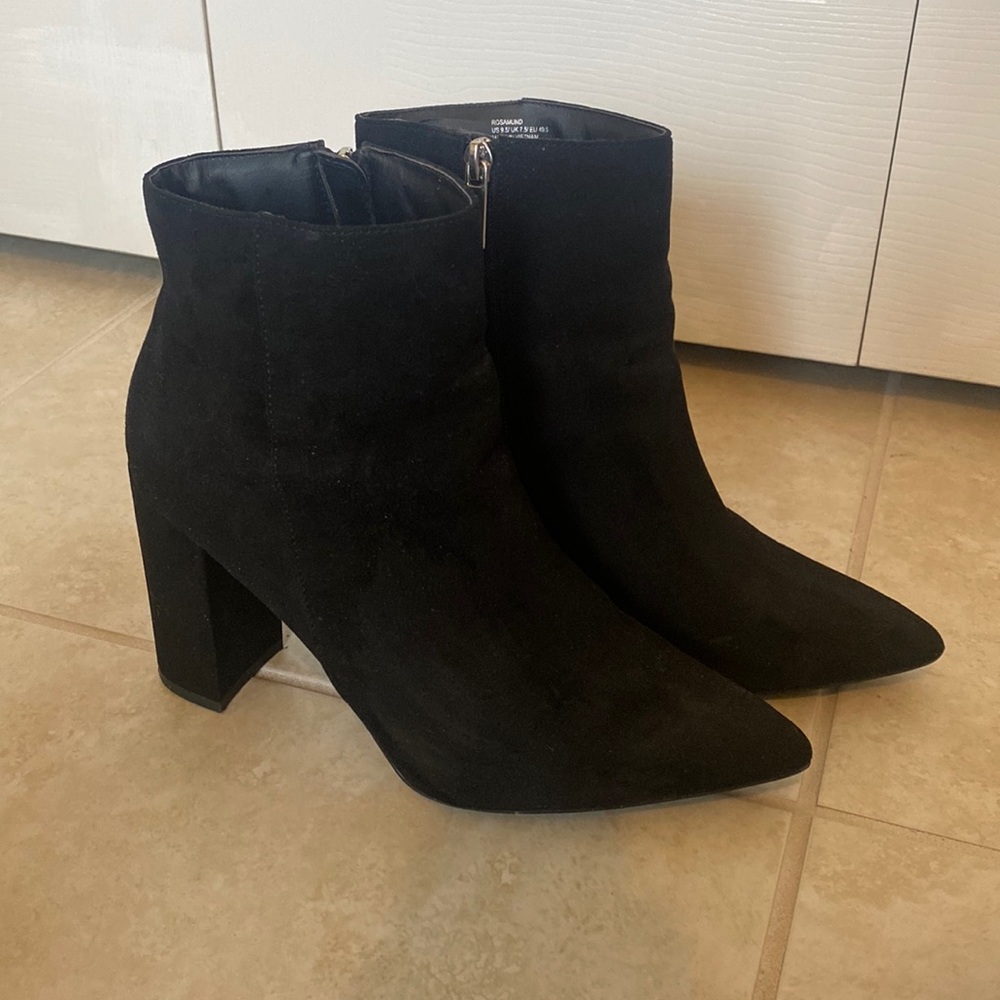 Black suede block heeled booties